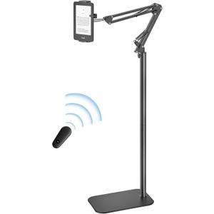 Kindle Floor Stand Holder with Remote Page Turner for Reading in Bed, Adjustable Tablet Mount with Clicker, Kindle Accessories Tablet Stand Holder for Kindles Tablets iPhones 4.7-12.9 inch(Black)