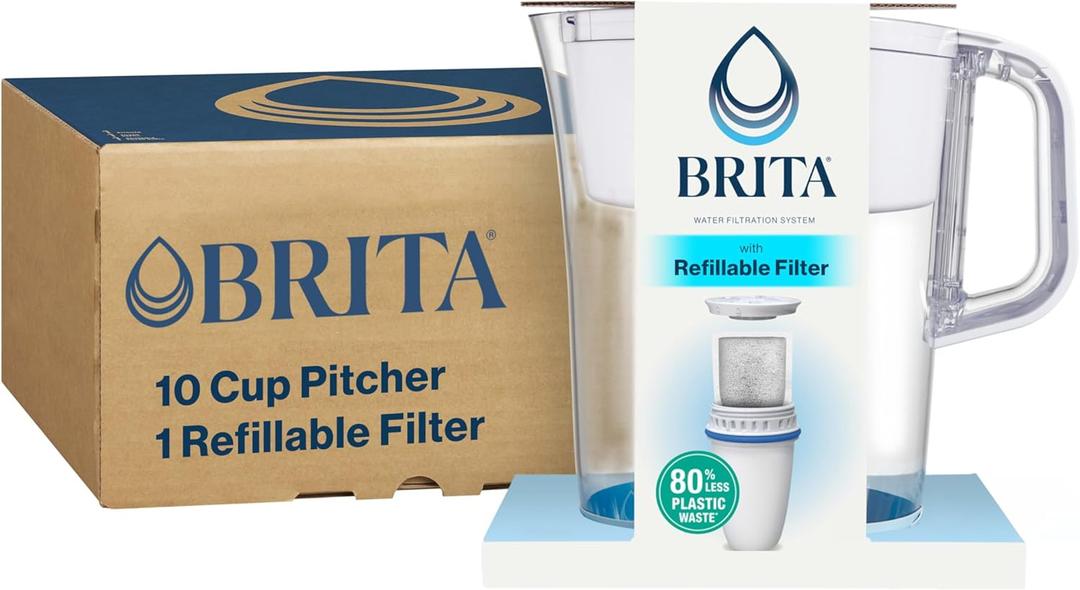 Brita Refillable Water Filtration System with Large 10 Cup Pitcher, Tahoe, White, and 1 Refillable Filter