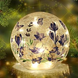 Sphere Glass Crystal Lamp (Timer  Auto 6 Hours On) Featuring Blue Flowers and Green Grass Designs, Decorative Glass Light Craft LED Light for Home Decor