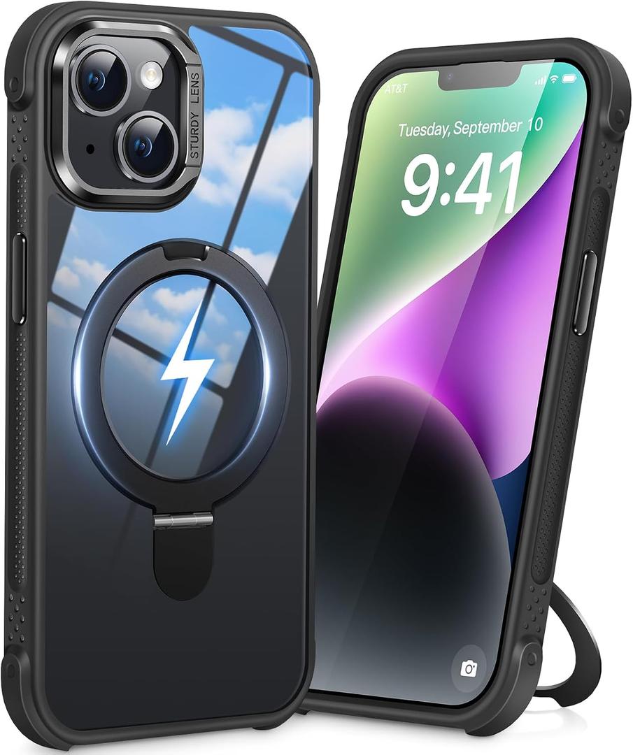Magnetic Ring Stand Case for iPhone 13/14(Clear Black) | 16FT Military-Grade Protection Shockproof, Non-Slip, Anti Scratch, Textured Grip & Clear Back for Hands-Free Video Calls