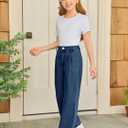 Haloumoning Girls Wide Leg Baggy Jeans Kids Fashion Pleated Elastic High Waist Denim Pants with Pockets 5-14 Years (7-8 Years, Navy Blue)