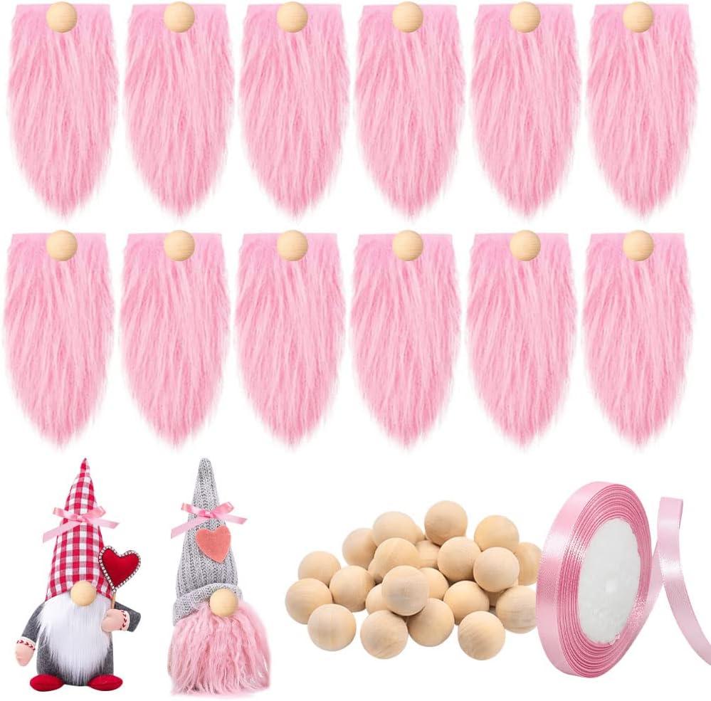 12 Pcs Precut Gnome Beard Faux Fur Costume Beard Handmade Dwarf Beard with 12 Wooden Balls and Ribbon for Thanksgiving Christmas Valentine St. Patrick's Day Easter Spring Summer (Pink)