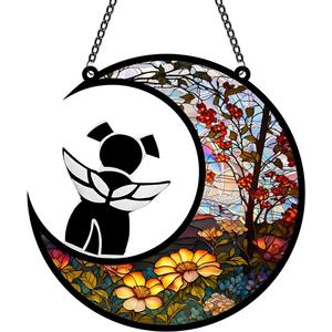 Angel Dog Memery SunCatcher with Rainbow Layed Film for Windows Hanging, Pet Loss Sympathy Moon Floral Sun Catchers, Beautiful Pass Away Keepsake for Pet Lovers