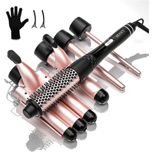 Curling Iron Set 5 in 1,MAXT Curling Wand Set Interchangeable Triple Barrel Curling Iron and Curling Brush Ceramic Barrel Wand Curling Iron(0.35-1.25) (Pink)