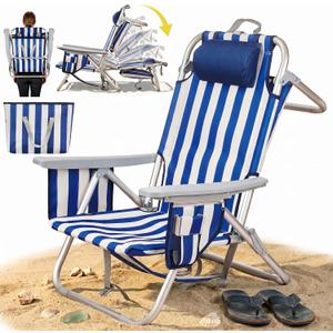 Aluminum Backpack Low Profile Beach Chair - 5-Position Lay Flat Reclining Folding Chair with Removable Cooler Bag - Heavy Duty 330 lbs Capacity, Lightweight Portable Sand Seat(1, Stripe Blue)