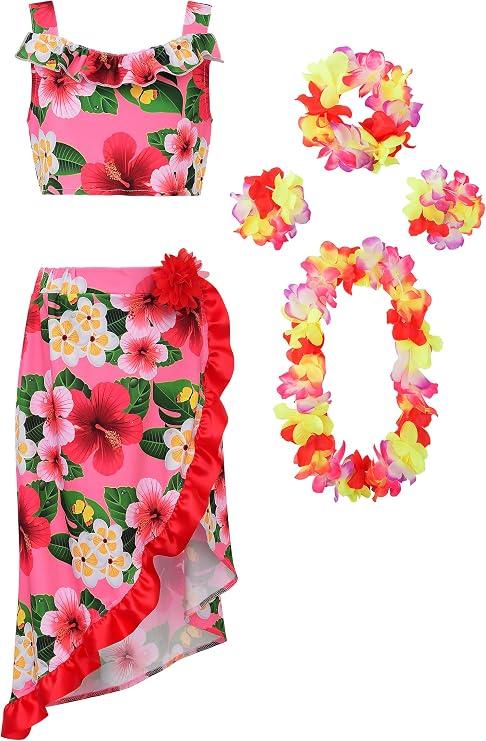 ReliBeauty Hawaiian Skirt Costume for Girls Red Flowers 6 Piece Kit (120)