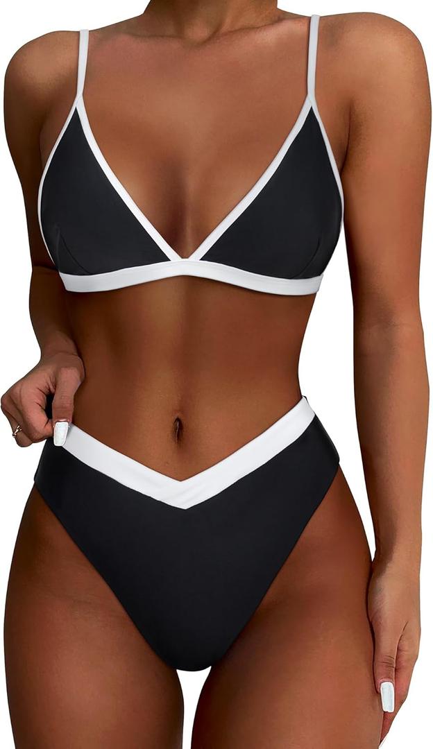 SUUKSESS Women Triangle High Cut Bikini Sets Sexy High Waisted 2 Piece Swimsuit (Medium, 57 Black White)