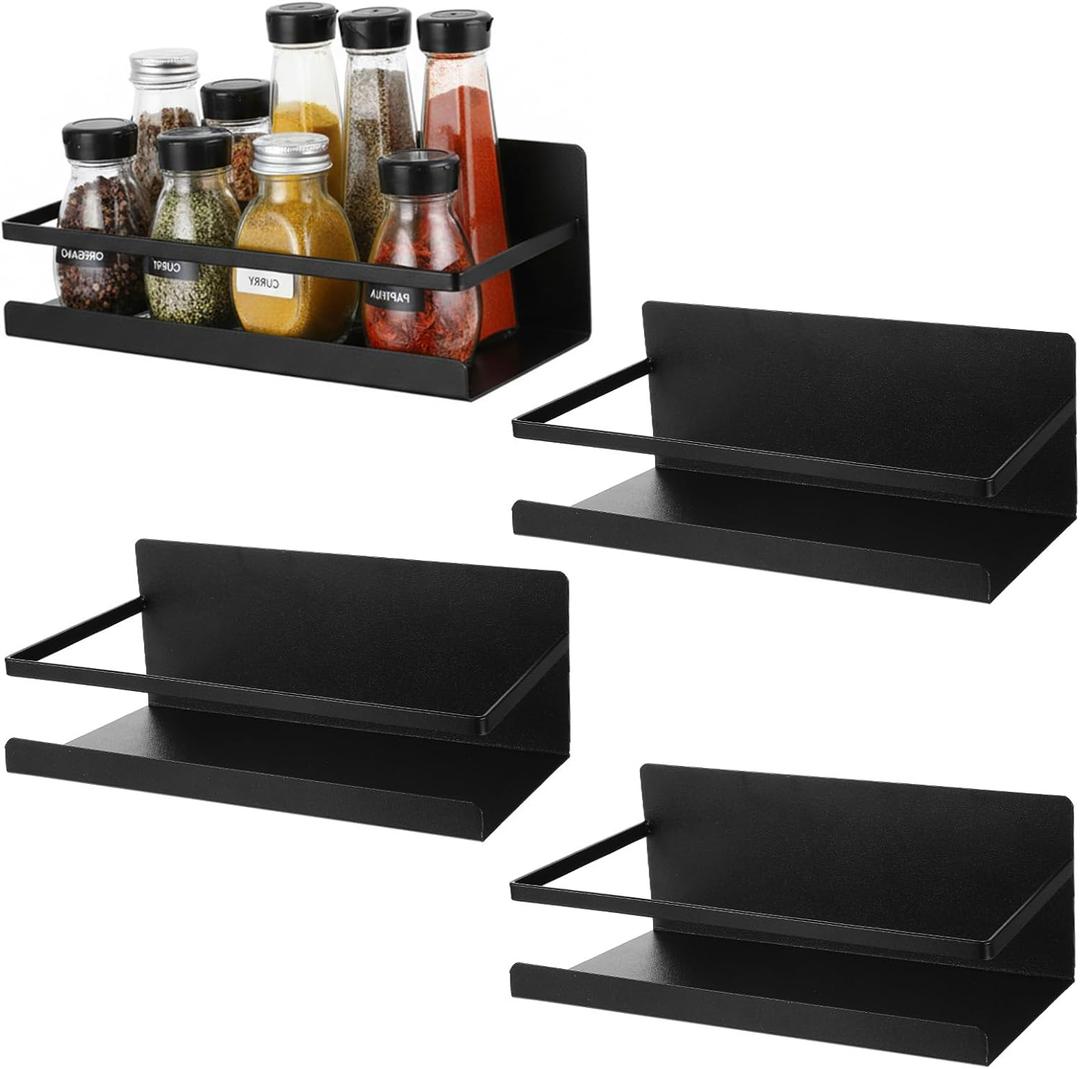 4 Pack Magnetic Spice Rack for Refrigerator, Strong Space Saving Shelf Organizer Single Tier Fridge Spice Storage Black