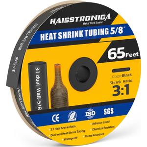 haisstronica 3:1 Heat Shrink Tubing, Shrink Ratio Adhesive Lined Marine Grade Heat Shrink Tube for Home, Automotive and Industrial (Black) 65FT 5/8inch