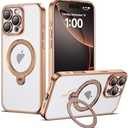 AmoraAqua Compatible with iPhone 14 Pro Max Case with 360° Spin Magnetic Ring Stand [Compatible with Mag-Safe] Camera Lens Protector Plating Clear Phone Case for iPhone 14 Pro Max 6.9", Desert Gold