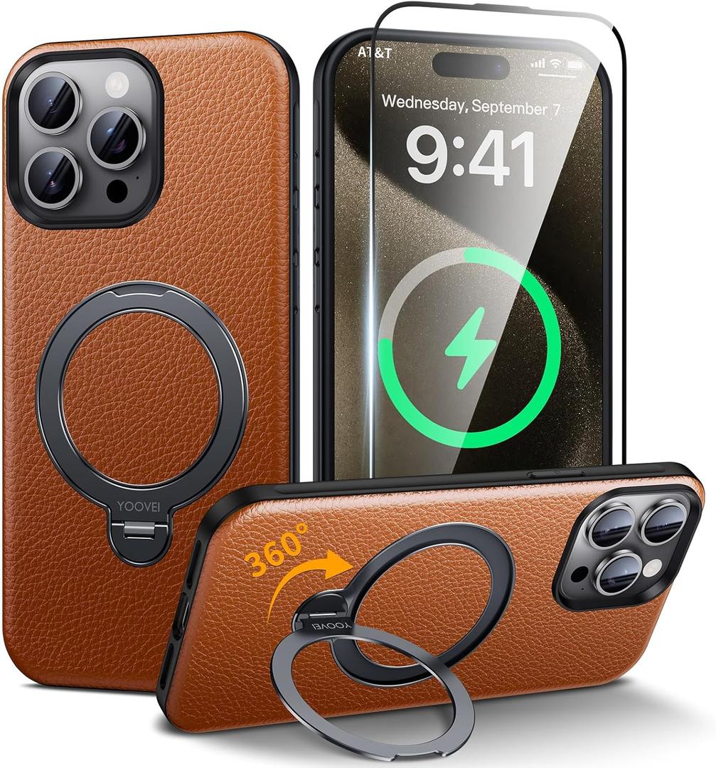 Leather Case for iPhone 15 Pro Max 6.7 inch,360Rotatable Magnetic Ring Stand,Built in Kickstand,for MagSafe, [Wireless Charging] Shockproof Phone Cases,Brown