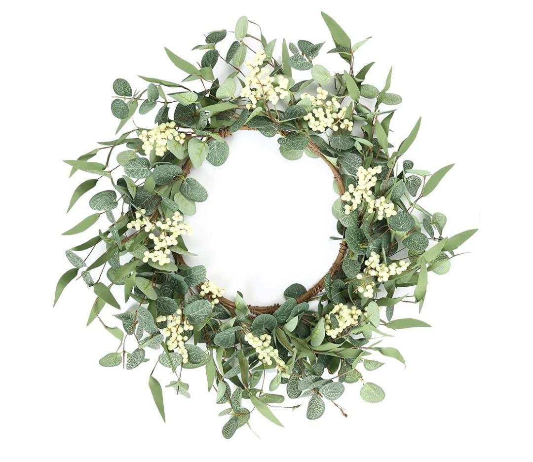 Pinkpum 20'' Eucalyptus Wreath for Front Door, Porch, Window - Green Decor for Home, Farmhouse - Spring, Summer, Fall, All Seasons
