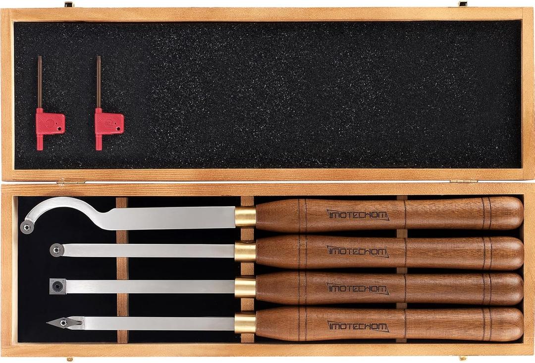 4-Pieces Carbide Tipped Woodturning Tools Lathe Chisel Set with Stainless Steel Blade, Wooden Box