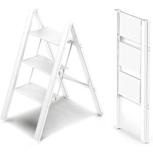 WOA WOA 3 Step Ladder, Foldable Step Stool, Aluminum Lightweight Ladder for Home Kitchen Closet, Anti-Slip Pedals, Ease of Folding, Portable, 300lbs Capacity - White