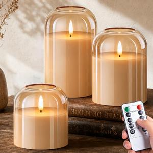 Arikj Flameless LED Pillar Candles with Remote & Timer, Realistic Flickering Battery Operated Window Candles for Home Decor, Wedding, Gold