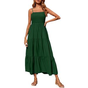 Women's Summer Maxi Dress 2026 Casual Boho Sleeveless Spaghetti Strap Smocked Tiered Long Beach Sundresses, Medium