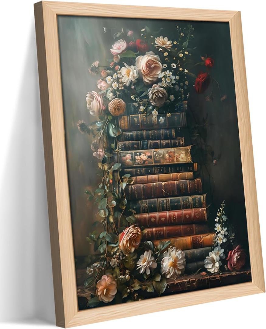 Vintage Floral Wall Art, Moody Dark Academia Flower Canvas Print, Rustic Wildflower Framed Artwork, Antique Botanical Decor for Living Room Office 12x16 Ready to Hang