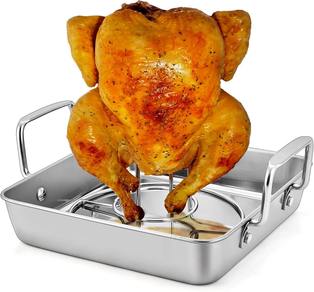 P&P CHEF Beer Can Chicken Holder with Roasting Pan Set, 9-inch Stainless Steel Square Baking Pan and Chicken Rack For Grilling, Heavy Duty & Dishwasher Safe, 2Pcs
