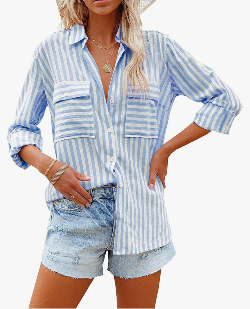 OMSJ Women's Striped Button Down Shirts Casual Long Sleeve Stylish V Neck Blouses Tops with Pockets, Size Small