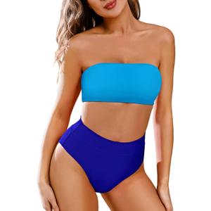 Pink Queen Women's Removable Strap Wrap Pad Cheeky High Waist Bikini Set Swimsuit (02 - Color Block Blue) XL