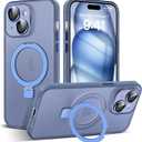 Designed for iPhone 14 Case with Magnetic Invisible Ring Stand [Military Drop&Full Camera Lens Protection][Compatible with Mag-Safe] Matte Translucent Slim Phone Cases for iPhone 14 6.1"Blue