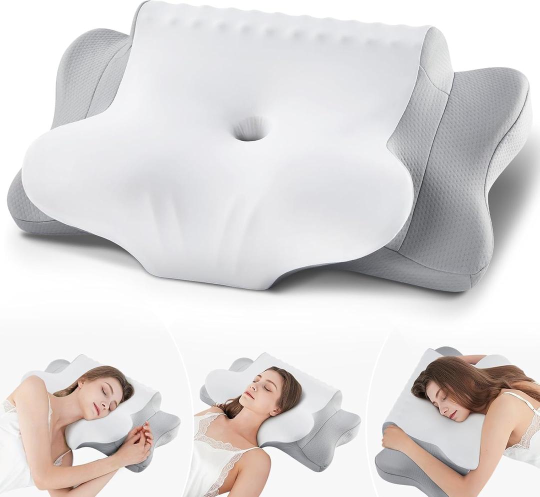 Camping Pillow Memory Foam Pillows,Cooling Ergonomic Dual-Sided Orthopedic Neck Cervical Pillow with Ice Silk Pillowcase, Breathable Contour Pillow for Travel, Side, Back, Stomach Sleepers (Queen Size 25.2"Lx15.35"Wx5.12"H, Light Grey)