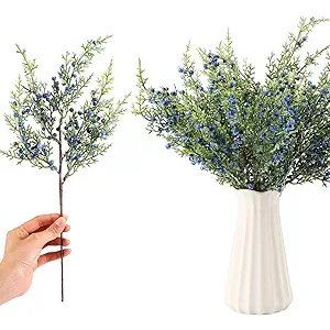 Suncalla 8 Pcs Winter Blue Berry Picks 16" Artificial Glitter Berry Juniper Tree Floral Greenery Stems Iced Winter Decor for Farmhouse Xmas Tree, Vase Fillers, Wreaths, Fireplace Mantels