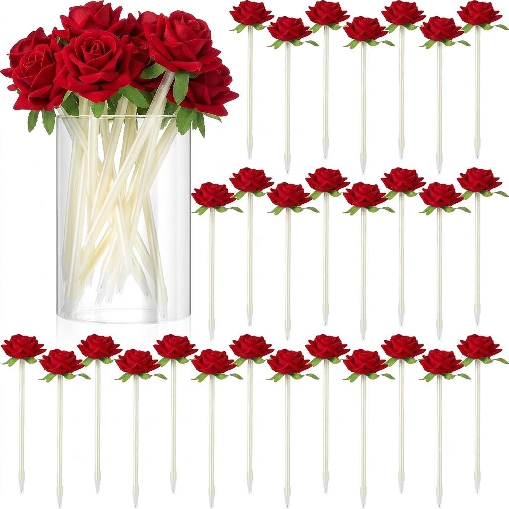 Engrowtic 28 Pcs Gifts for Mother's Day Flower Rose Pens for Mother Grandma Artificial Floral 0.5mm Black Ink Gel Pen for Mothers Day Gifts Wedding Home Office Supplies(Red)