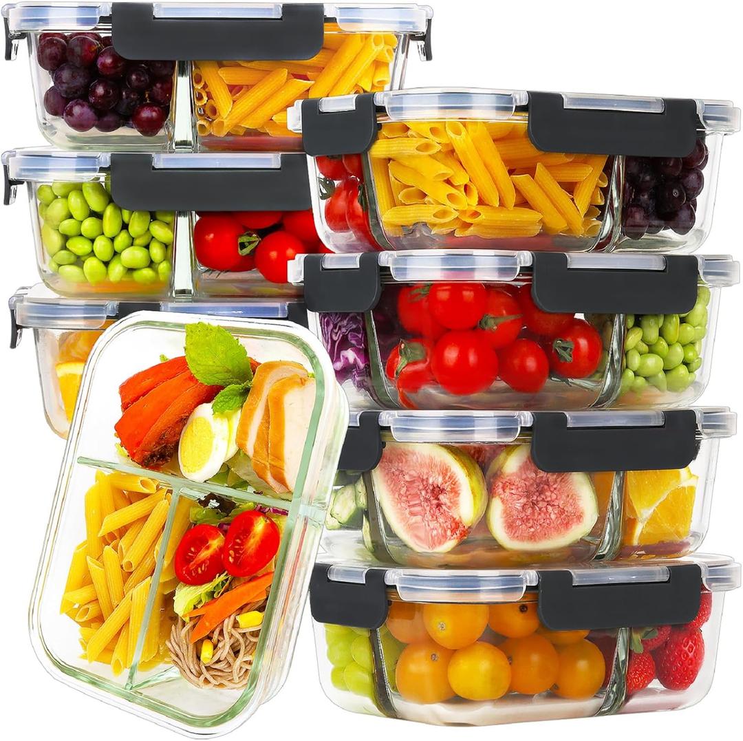 HOMBERKING 8 Pack Glass Meal Prep Containers 3 Compartment, 36oz Glass Food Storage Containers with Lids, Airtight Lunch Bento Boxes, BPA-Free & Leak Proof (8 lids & 8 Container) - Black