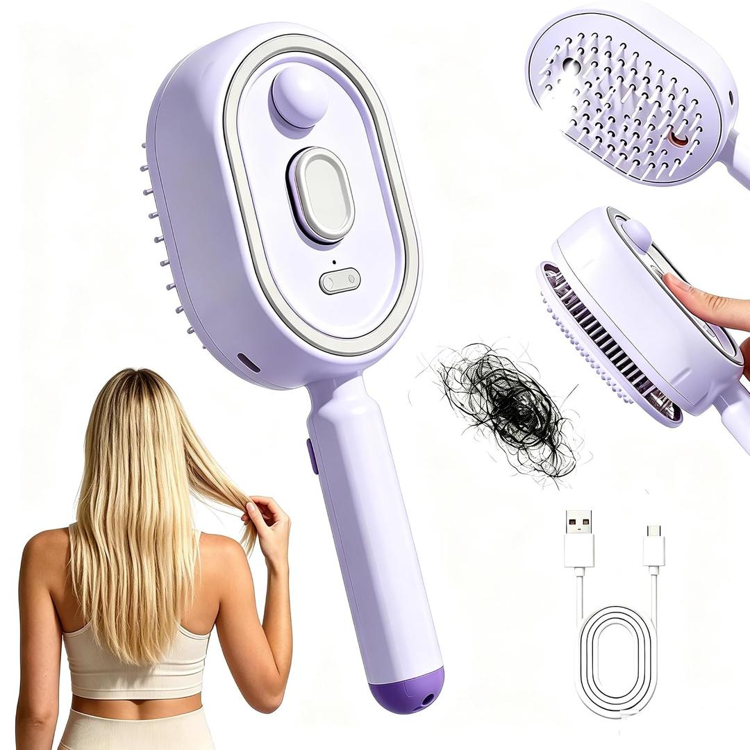 Electric Spray Air Cushion Massage Comb, Self-Cleaning Anti-Tangle Hair Brush, Anti-Static Volumizing Comb for Frizz Control, Smooth Shine & Daily Hair Care for Women (Purple)