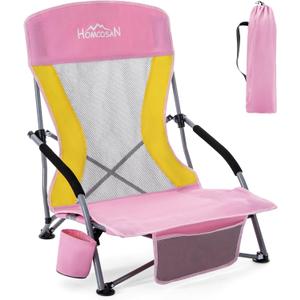Homcosan Portable Low Folding Beach Chair - Lightweight Camping Chair for Adults with Cup Holder & Storage Pocket, Carry Bag Included (Pink & Yellow) (1 Pack)