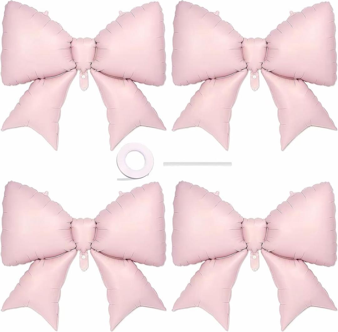 4Pcs Giant Pink Bow Balloons 38 Inch for Themed Party Decorations, Elegant Coquette Birthday Decorations for Women, Bachelorette Bridal Engagement Wedding Anniversary Party Supplies (Pink Bow Set)