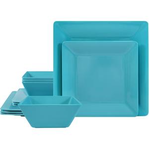 TP 12-Piece Melamine Dinnerware Sets, Plates and Bowls Dishes Set for 4, Break-Resistant & Non-Microwavable, Lightweight Square Dinner Plates, Teal (Cyan)