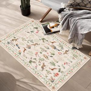 Boho Beige Entryway Rug 2, 7' ×8' Long Rug Floral Animal Botany Vintage Door Mat Indoor Entrance Non-Slip Soft Oriental Colorful Carpet Kitchen Entryway Bedroom Corridors Indoor