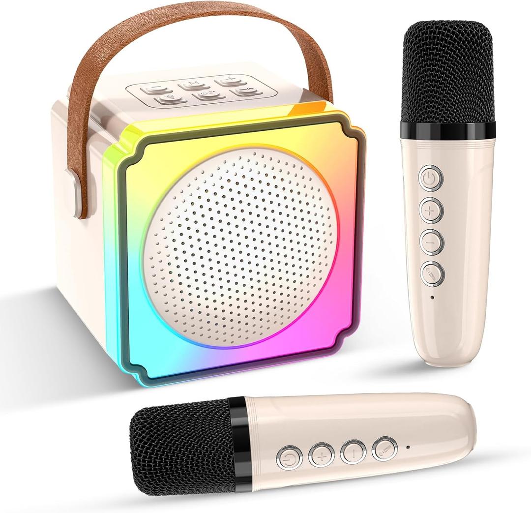 Mini Karaoke Machine for Kids and Adults,Portable Bluetooth Karaoke Speaker with 2 Wireless Microphones, Kids Karaoke Machine for Home Party,Birthday Gifts for Girls BoysBeige