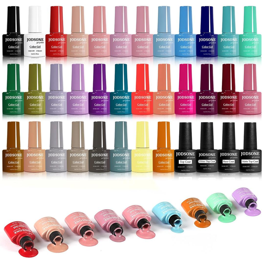 JODSONE 36 PCS Gel Nail Polish Set-32 Colors Gel Nail Polish Set Same Color Same Bottle No Wipe Base Top Matte Glitter Coat Professional Choice Salon Gifts