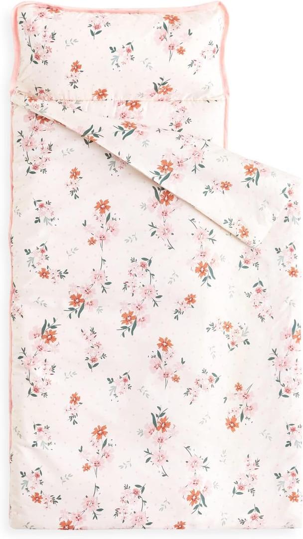 Wake In Cloud - Toddler Nap Mat with Pillow and Blanket, 100% Cotton Fabric, for Kids Girls Ages 3 Plus in Daycare Kindergarten Preschool, Roll Up Sleeping Bag, Floral Flowers (Standard - 50"x20", Light Pink)