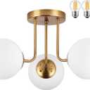 KoKo&Yukina 3-Light Semi Flush Mount Ceiling Light Globe Ceiling Light Mid Century Ceiling Light with Opal Milk Glass Globe & Brushed Brass for Bedroom Hallway Entryway Kitchen Living Room-Bulb Incl (6 inch)