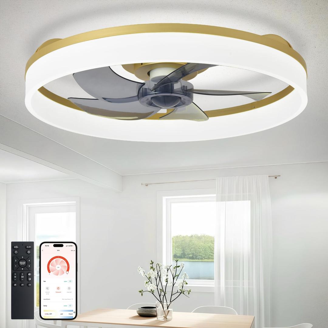 DLLT LED Ceiling Fan with Light: 20" Modern Low Profile Flush Mount Fandelier with App & Remote Control - Dimmable Gold Bladeless Fan Light Fixture for Bedroom Kids Room Living Room