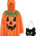 Hooded Adult Pumpkin Poncho Costume for Women - 2025 Christmas Jack-O'-Lantern Poncho & Candy Bag, One Size (Orange)