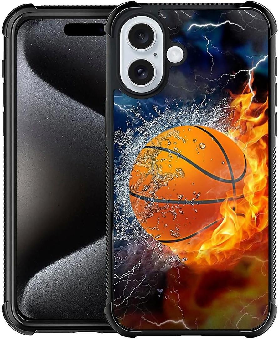 DAIZAG Case Compatible with iPhone 16,Shockproof Soft Phone Cover for Boy Men Gift Case,Ice Fire Basketball