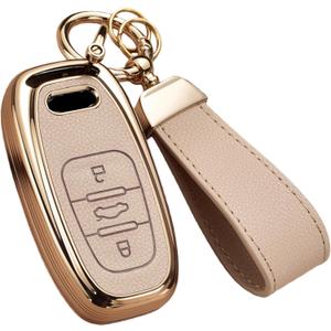 Key Fob Cover for Audi with Key Chain, Upper Leather + Soft TPU Key Cover Shell for Q5 Q7 S3 S4 S5 A4 A5 A6 A7 A8 (Cream)