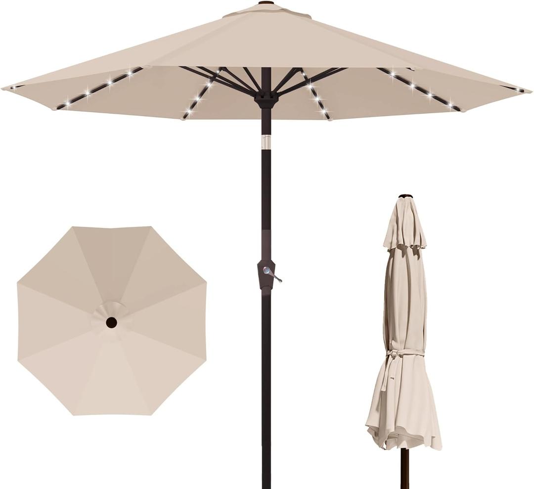 Kingdura 10FT Outdoor Patio Umbrella with Solar Lights, Market Table Umbrella with Push Button Tilt & Crank, 8 Sturdy Ribs, 32 LED Lights, UV Protection for Garden Lawn Deck Backyard Pool (Beige)