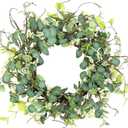 24 Inch Eucalyptus Foliage Spring Summer Wreath for Front Door, Summer Wreath for Grapevine Farmhouse with Silk Printing Dollar Leaves for Festival Celebration Front Door Wall Window Home Dcor (Green)