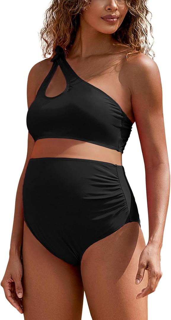 DEBELLY Maternity Swimsuit Cutout One Shoulder Bikini Set 2 Piece Bathing Suits with Adjustable Tie and High Waist Bottom (Black, L)