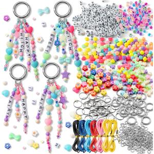 WATINC DIY Keychain Making Crafts Kits, Adjustable Letter Alphabet Beads Strings Keychain Flower Star Bow Shapes Beads Bulk, Bag Charms with Key Ring Supplies Jewelry Accessories Making Kit (942Pcs)