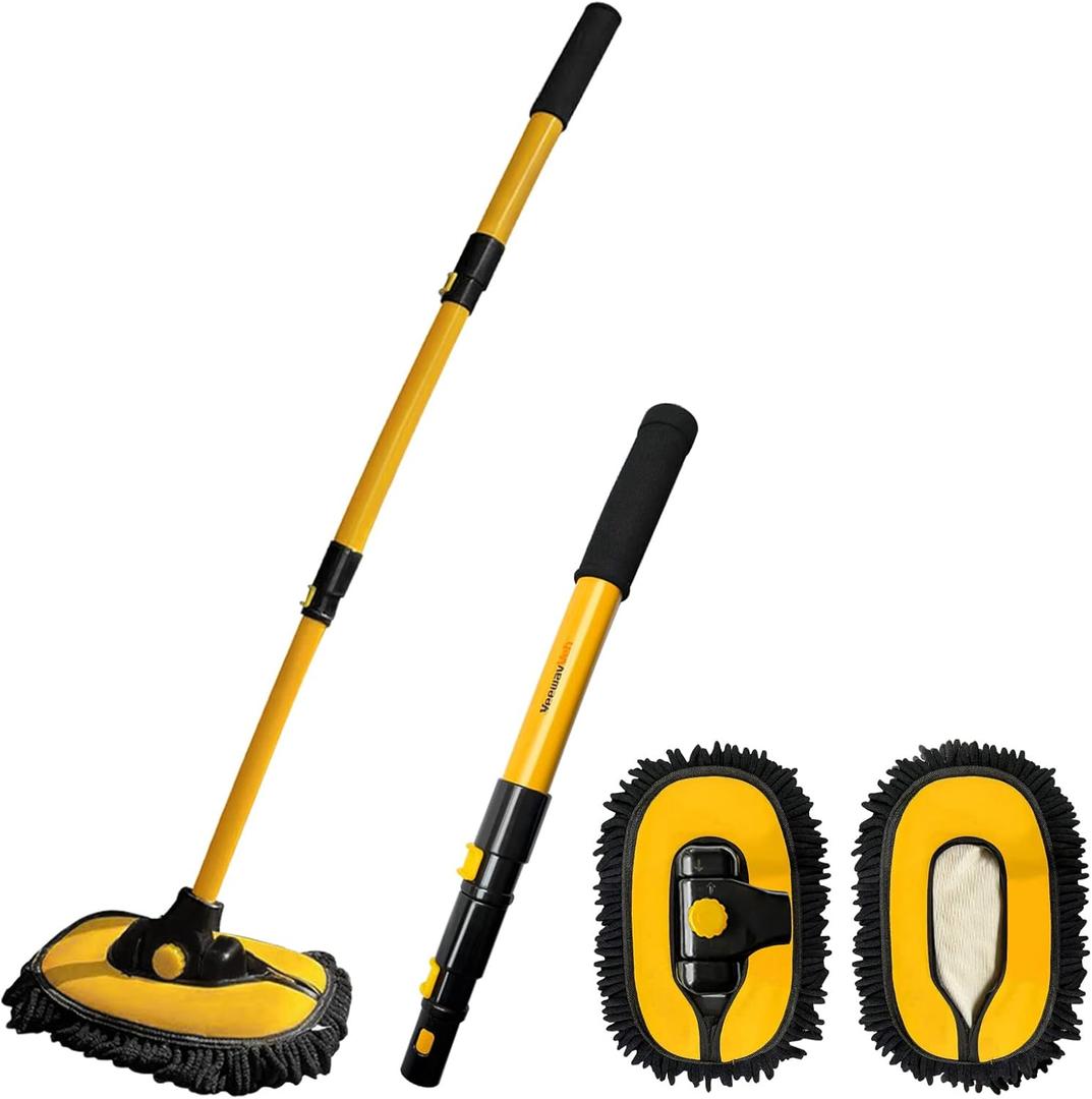 Car Wash Brush with Long Handle, Microfiber Car Wash Mop with Replaceable Chenille Brush Head, Soft Cleaning Brush with 15 Curved Extension Pole Car Wash Kit for RV Truck Camper, YELLOW (43 inch)