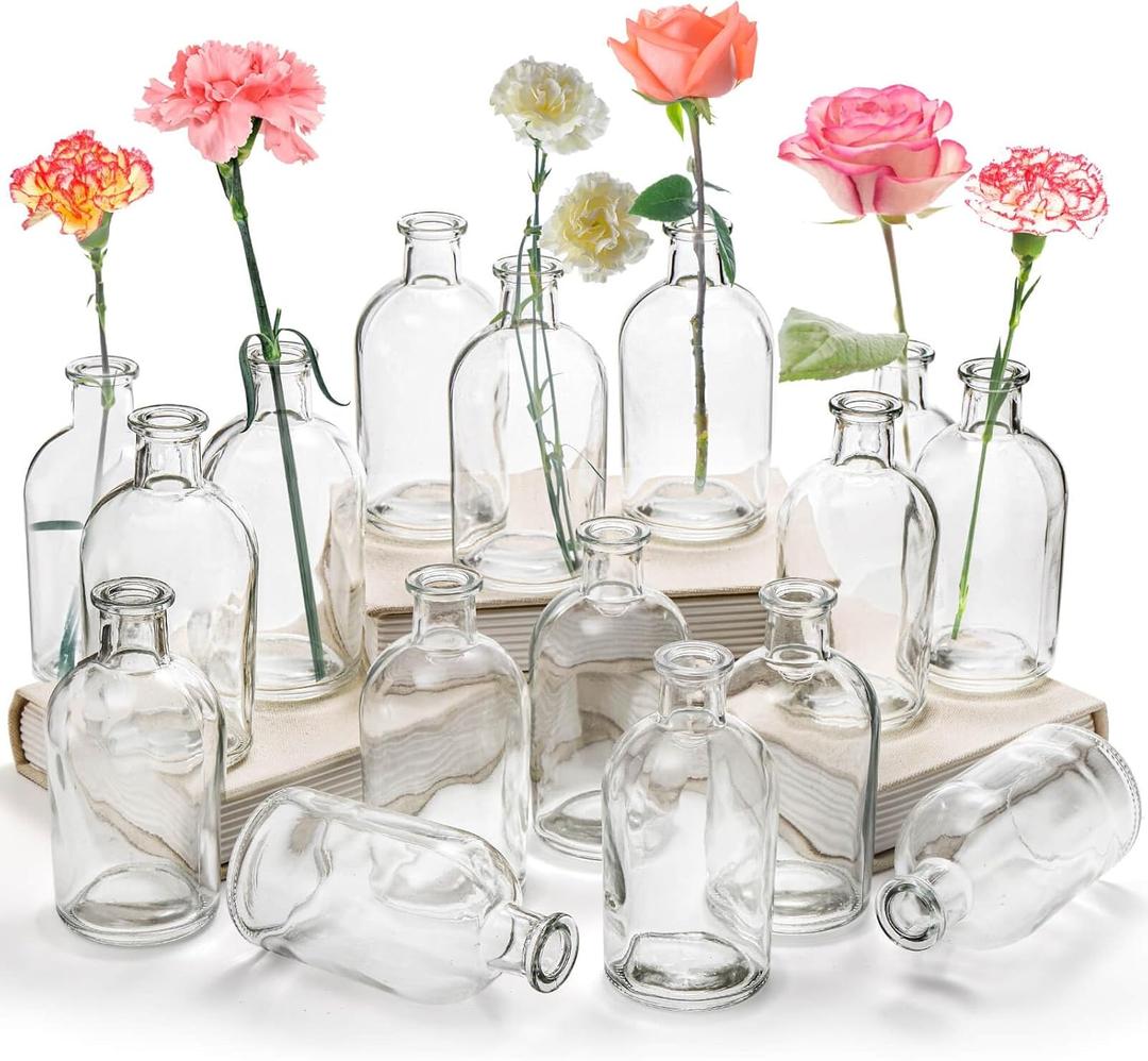 YOUEON 16 Pack Clear Glass Bud Vases, Small Bud Vases in Bulk, Glass Flower Vases for Centerpieces, Vintage Decorative Bottle Vases for Flowers, Home Decor, Wedding Reception, Office