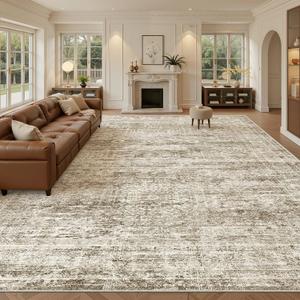 Soalmost 10x14 Area Rugs for Living Room, Non Slip Machine Washable Vintage Rugs, Low Pile Lightweight Large Rug for Bedroom, Dining Room, Home Office Brown