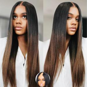 KLAIYI Ombre Brown V Part Wig Yaki Straight Human Hair Upgrade U Part Wig with Dark Roots Glueless Chestnut Brown Clip in Half Wig No Glue No Lace No Leave Out Beginner Wig Wear and Go Wigs 18Inch